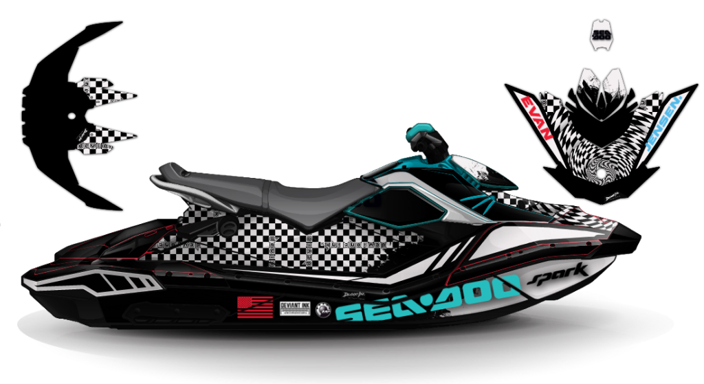 A custom-designed Sea-Doo jet ski wrap by Deviant Ink with a black-and-white checkered pattern and turquoise accents.