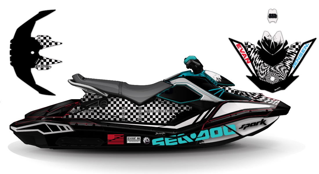A custom-designed Sea-Doo jet ski wrap by Deviant Ink with a black-and-white checkered pattern and turquoise accents.